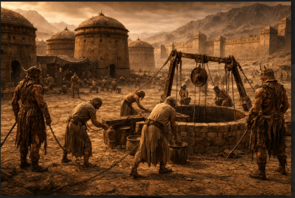 Silos de grãos e fazendas. Urik está sobre um lençol freático com muitos poços.